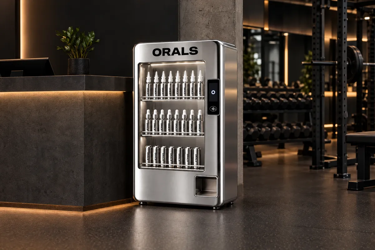 The ORALS vending machine beside the front desk of a premium gym