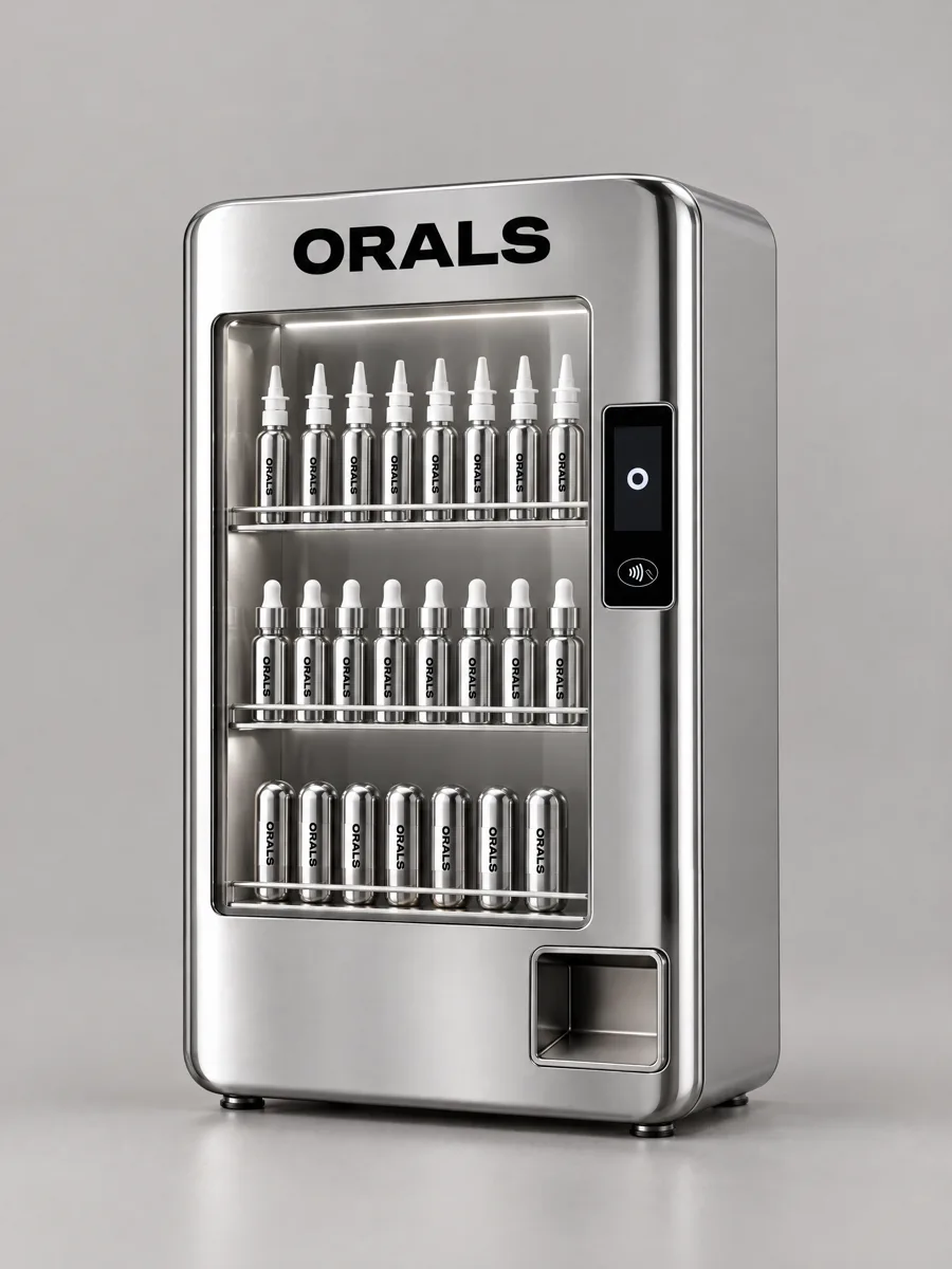 The ORALS vending machine: a compact chrome cabinet with a glass front, rows of ORALS products, a touchscreen and tap-to-pay reader